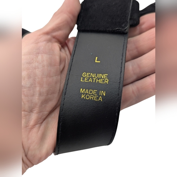 Vintage Express Black Suede Leather Belt Gold Buckle Tassel Boho L - Picture 4 of 6